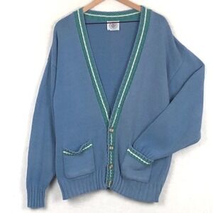 VTG Cape Isle Knitters 100% Cotton Cardigan Sweater Sz L Blue Green Button USA